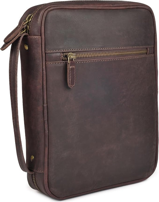 LEATHER VILLAGE Genuine Leather Bible Cover with Zipper for Men & Women - Large Bible Case Carrying Bag Book Cover & Organizer with Handle and Pockets - Leather Bible Covers for Church Study - Cherry