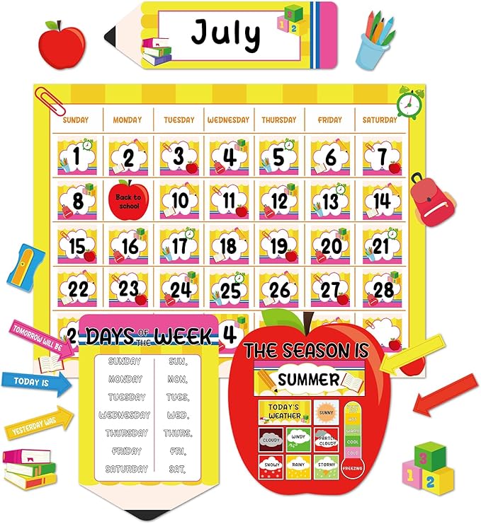 Back to School Calendar Bulletin Board Set for Classroom Decoration Colorful Pencil Apple Calendar Seasons Weather Chart Pencil CTP Bulletin Board Paper-Cuts for Teachers Elementary School Classroom
