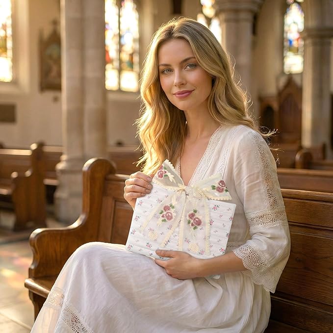 Vintage Pink Rose Quilted Bible Book Bag Cover for Women – Fits Standard Size Bibles Padded Protector Washable Cotton Bag with Elegant Lace Handle with Interior Zipper Pocket