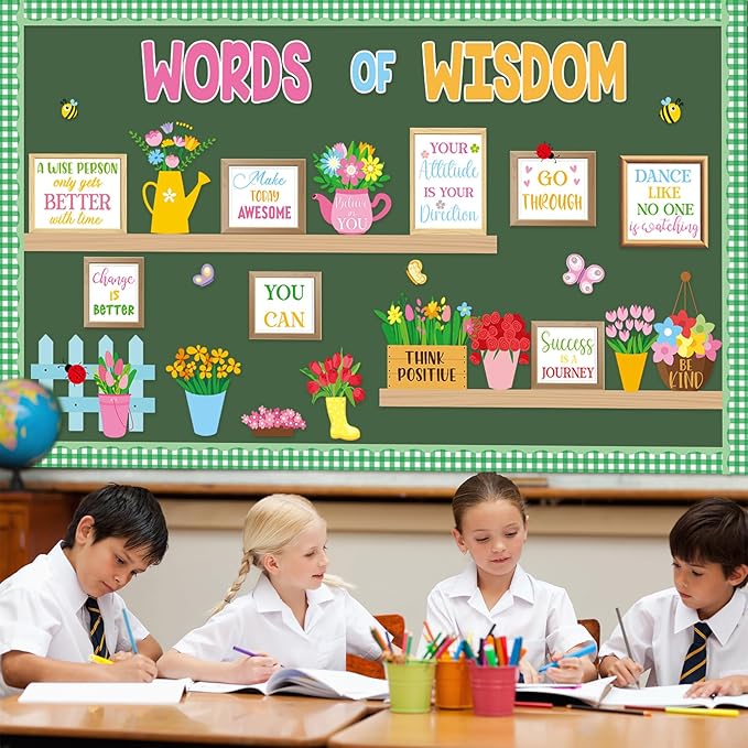 Spring Bookshelf Bulletin Board Words of Wisdom Classroom Bulletin Board Decor Inspirational Quote Flower Bee Cutouts Plant Bulletins Boards for Spring Class Chalkboard Wall Decor Teacher Supplies