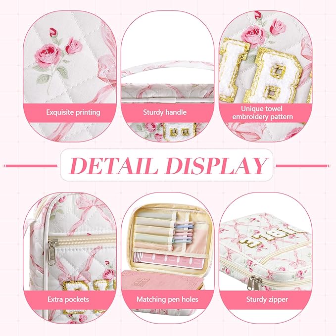 Sinload Quilted Bible Cover Case for Women Large Carrying Bag with Organizer Tabs 6 Colored Pens 6 Highlighters Book Tote Bags with Handle Bible Carry Supplies Christian Gifts(Pink Bow Floral)