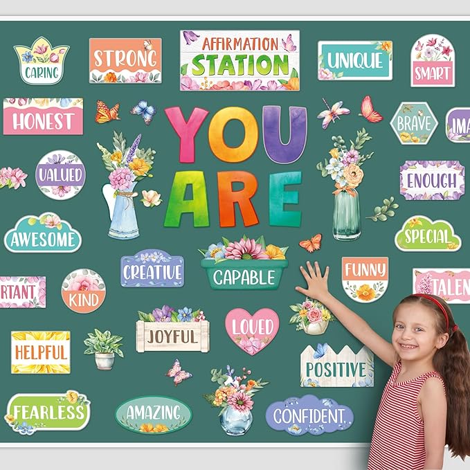 45pcs Spring Bulletin Board Set Motivational Posters Classroom Mirror Growth Mindset Decor Positive Affirmations Accents Flower Cutouts for School Office Home Teacher Wall