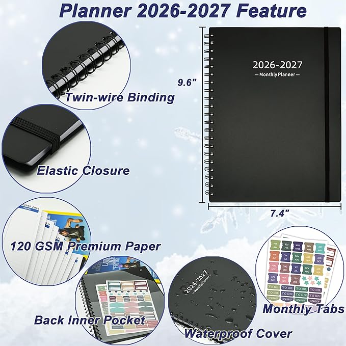 2026-2027 Monthly Planner (7.4'' x 9.6''), 18 Months Calendar Planner from Jan 2026-Jun 2027, Agenda 2026 with Pocket, 120GSM Paper, Black