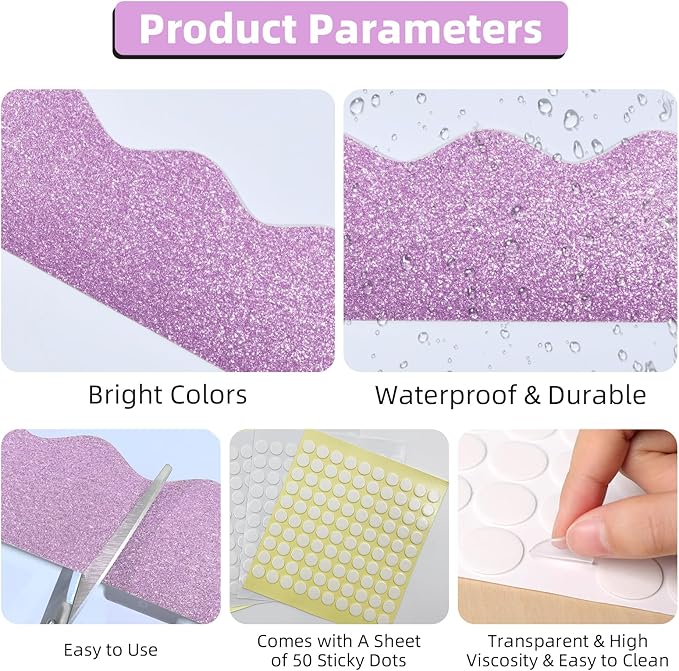 3 Rolls 98.4 Ft Valentines Day Glitter Bulletin Board Borders Set - Light Pink Bulletin Board Decorations for Classroom, Office，School & Home DIY - Perfect for Teachers, Posters & Birthday Party Decor