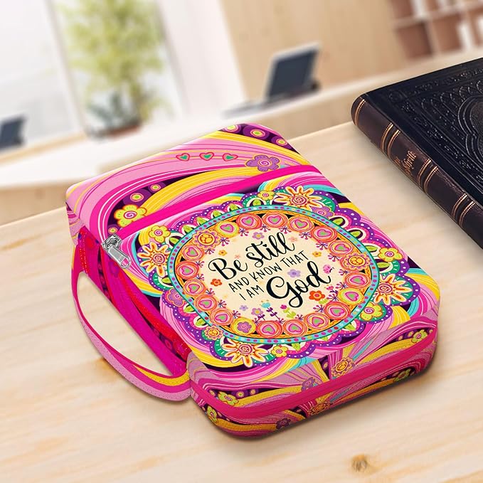 Be Still Bible Cover for Women Girls, Inspirational Bible Case with Handle and Zipper Pocket, Colorful Floral Canvas Bible Bag, Fits Standard Size Bible, Christian Gift for Faith