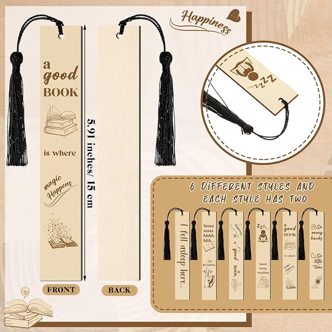 Colarr 12 Pcs Wood Bookmarks for Woman Book Club Gift for Book Worms Books Lovers Bookmarks Bulk with Tassels for Reading Party Favors Books Exchange Club Men & Women Friends(Charming)