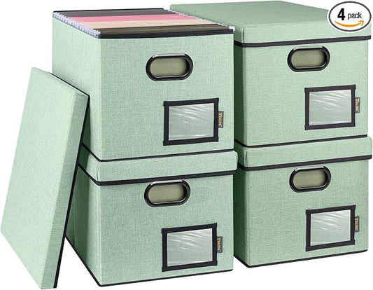 BALEINE File Organizer Box with Lid, Collapsible File Folder Organizer with Plastic Slide, Filing Box for Office Home Document Organizer Storage (Green, 4PK)