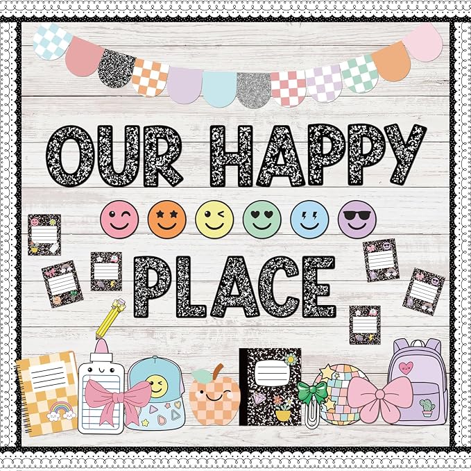 Mooliwe 94 Pcs Composition Notebook Classroom Decor Welcome Back to School Bulletin Board Set Checkered Classroom Decor Smile Face Stationery Paper Cutouts for First Day of School Wall Door(Novel)