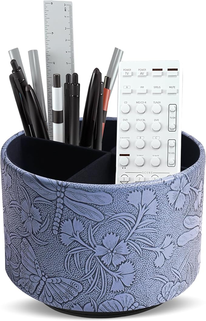 Round Leather Art Supply Organizer,Remote Control Holder,360-degree Rotating Pen Organizer with 4 Compartments(1-Butterfly Blue2)