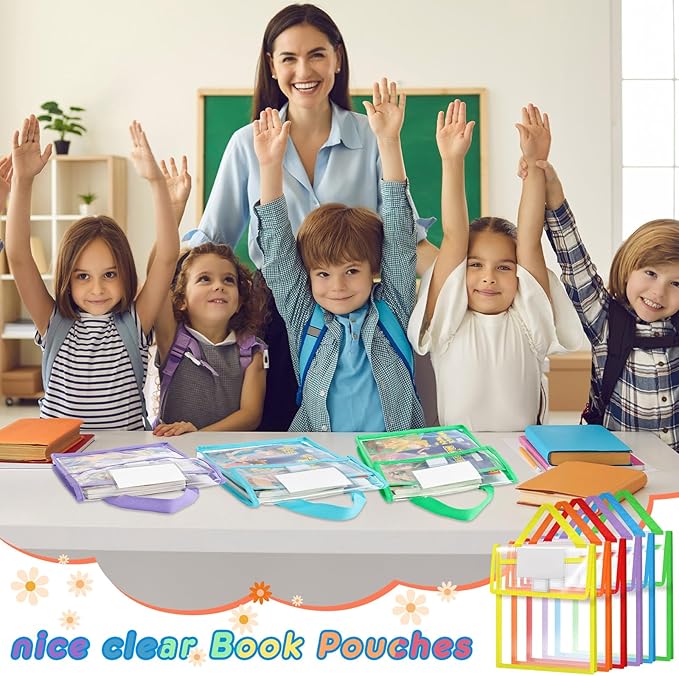 Teling 12 Pack 10 x 12 Inch Clear Book Pouches with Handles and Name Tags, Heavy Duty Reusable Library Book Bags for Classroom, Students Kids and Teacher Supplies (Bright Color)