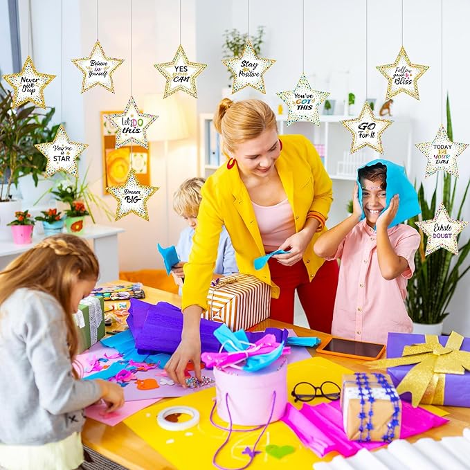Pajean 48 Pcs Star Positive Bulletin Board Decoration Cutout Affirmation Station Classroom Bulletin Board 6 Inch Inspirational Classroom Decor Double Sided for Teacher Student Back to School(Confetti)