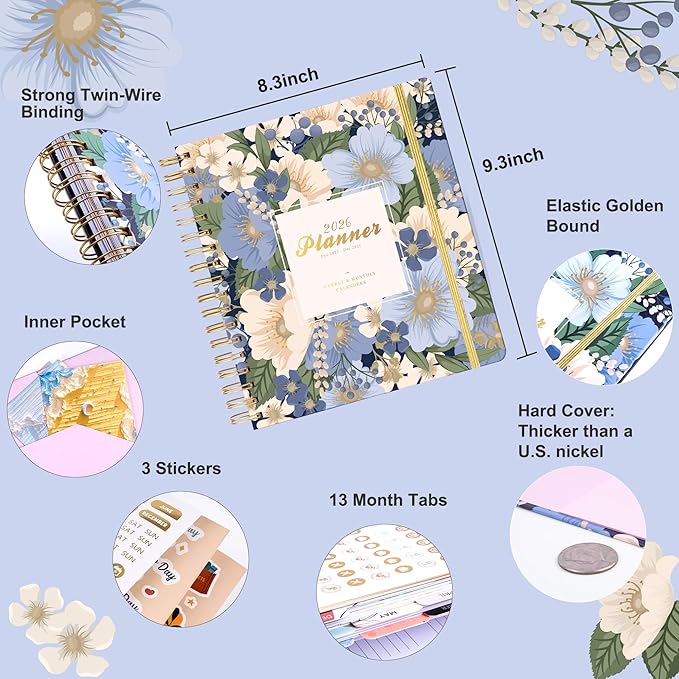 CAGIE 2026 Planner Weekly and Monthly Dec 2025–Dec 2026 Hardcover Planner with Pockets, 13 Month Large Blue Flowers Calendar Planner with Stickers Tabs, Spiral Bound Yearly Calendar Planner for Women, 8.3" x 9.3"
