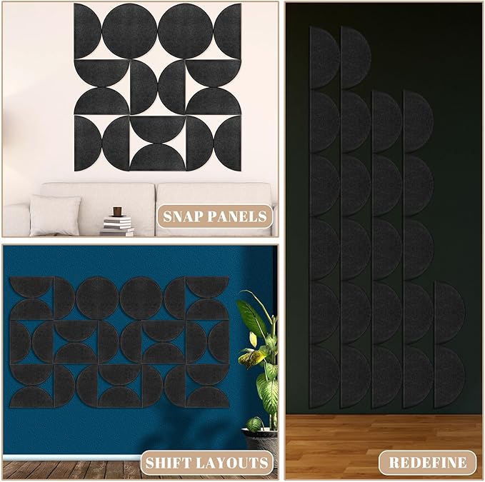 Mindsoft 24 Pack Decorative Bulletin Board Felt Wall Tiles Bulk 11.8"x5.9" Semi-Circle Large Wall Art with Removable Adhesive Tabs for Customizable DIY Home Office Decoration Gift (Black)