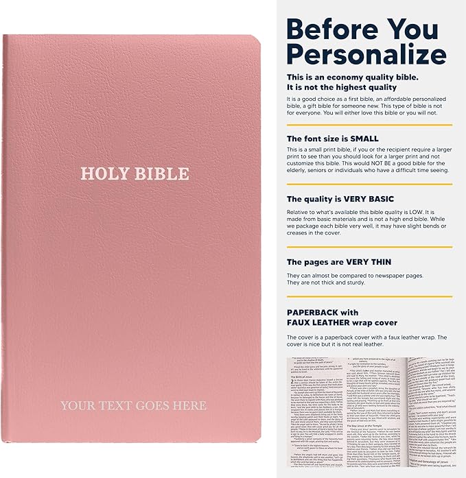 Personalized KJV Bible Faux Leather Small Print Economy Bible with Custom Name at The Lower Right Side & Red-Highlighted Verses, Custom Gift for Christian & Religious Events | Pink