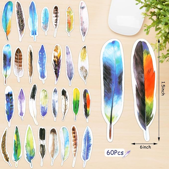 120 Pcs Colorful Flower Feather Shaped Bookmarks Bulk Cute Christmas Gifts for Students Thick Paper Feathers Bookmarks for Kids Children Teens Women Men Adults Book Lovers Writers Readers, 60 Styles