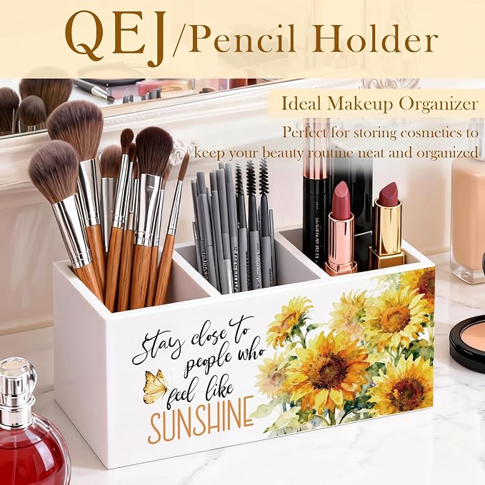 Sunflower Motivational Pen Holder for Desk, Inspirational Gifts for Women, Stay Close to People Who Feel Like Sunshine Wooden Box Pencil Pen Organizer for Home Office Desk Tabletop