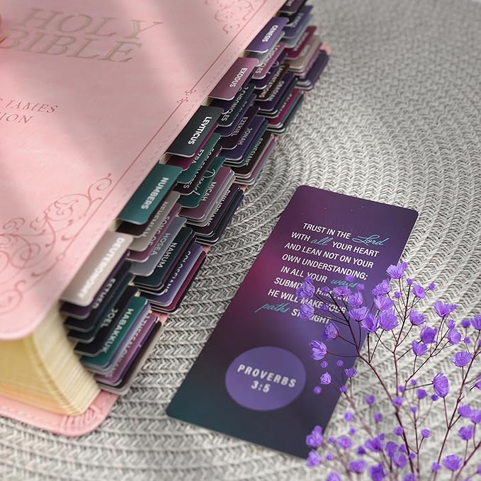 OFFILICIOUS Bible Book Tabs, 100 Soft-Touch, Laminated Bible Tabs for Jesus Bible, Durable Tabs for Bible, Protestant & Catholic Bible Tabs Large Print, Purple & Blue Bible Tabs for Women & Men
