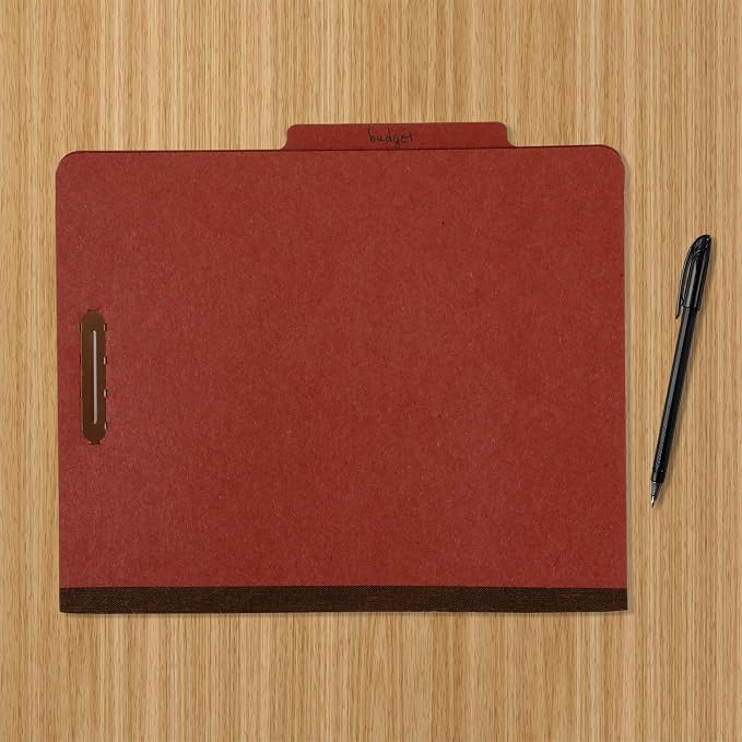 Amazon Basics Classification File Folder, 1 Divider, 2" Embedded Fasteners, Letter Size, 100% Recycled Material, Red, 10 Count