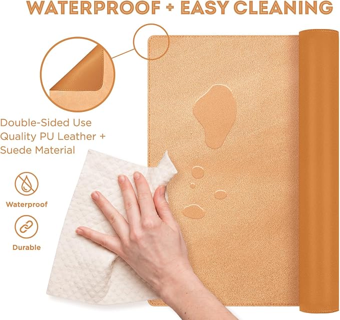 FTC PU Leather Desk Pad & Desk Blotter, Non-Slip Flannelette Base, Stitched Desk Mat for Keyboard, Mouse & Writing, Home or Office (Camel, 31.5” x 15.75”)