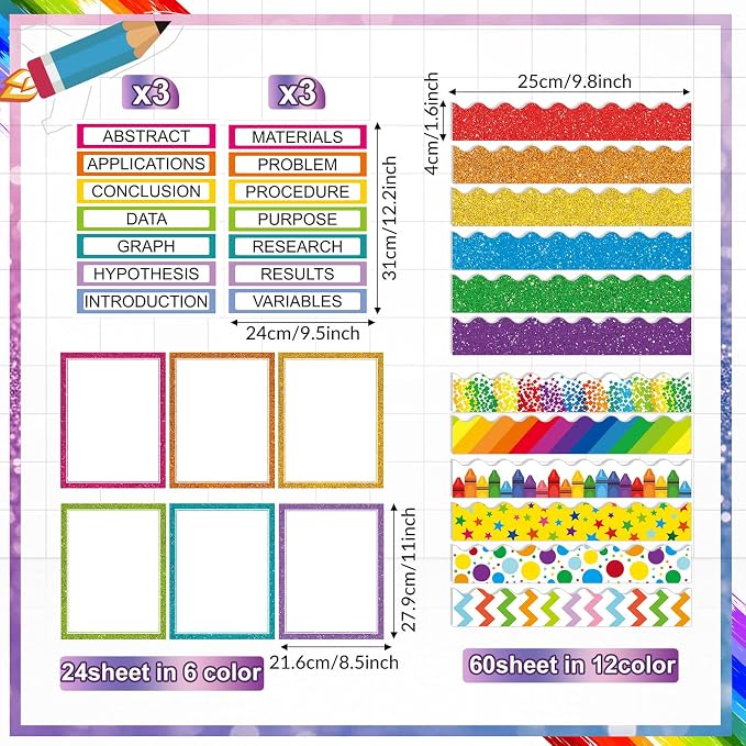 Fuyoooo 90 Pcs Science Fair Board Supplies 60 Trim Scalloped Bulletin Borders 24 Presentation Board Subtitles 6 Science Fair Titles for Classroom Display Boards(Glitter,Wave)