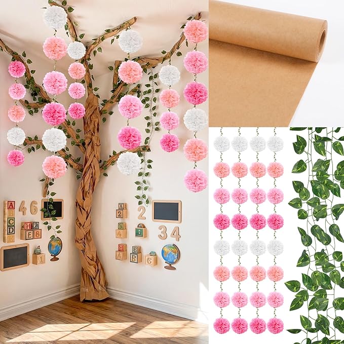 3D Tree for Classroom Room Wall Decor Classroom Tree Bulletin Board Set Artificial Flower Vine Garland DIY Kraft Craft for Spring Flower Plant Party Decoration Supplies