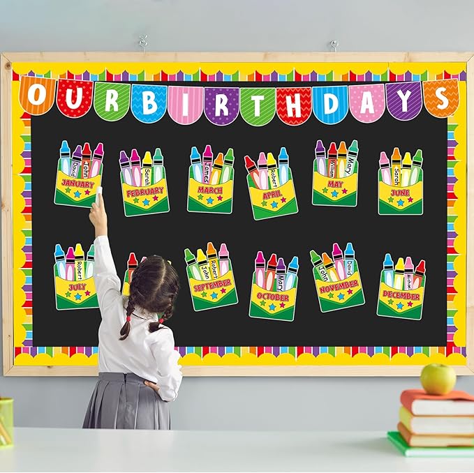 Justforjoyful Birthday Bulletin Board Classroom Decorations Crayon Box Cutouts Colorful Crayon Name Tags Decoration for Wall Chalkboard Decors Preschool Classroom Decor Teacher Back to School Supplies