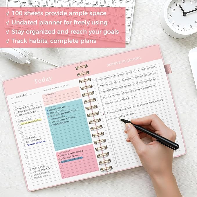 Oucaru Undated Daily Planner, A5 Spiral Notebook with Hourly Schedule, To Do List, Priorities, and Notes for Productivity - Easily Organize Your Tasks, Appointments & Goals for Women