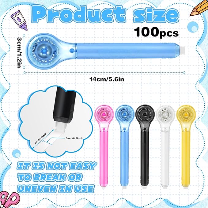 AmazingSpark 100 Pack Correction Tape Pen, 0.2" x 236" White Correction Tape Push Pull Protective Cover Easy to Use Applicator for Office Supplies