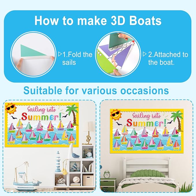 gisgfim 3D Sailing into Summer Classroom Bulletin Board Decorations Set Hawaii Beach Paper Cutouts Sailboats Bulletin Board Decor for Tropical Hawaiian Back to School Nursery Door Chalkboard Wall