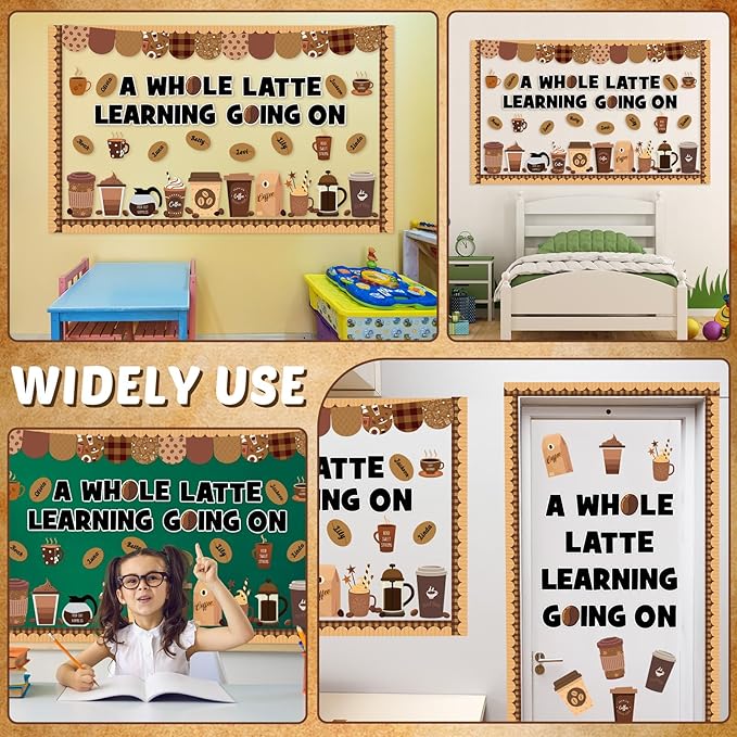 Coffee Bulletin Board Set Coffee Cup Classroom Decoration Latte Themed Paper Cutouts Positive Bulletin Board Border for Back to School Nursery Chalkboard Classroom Door Wall Decor Teacher Supplies
