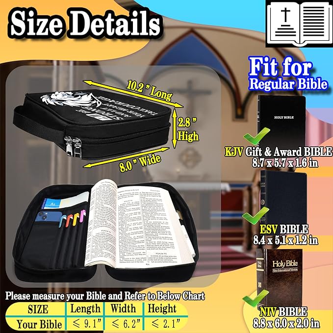 Courage Lion Bible Case, Practical Black Bible Cover Case with Handle, Pockets, Pen Slots, 10” x 8” Portable Bible Carrier Bag Fit Medium to Small Bibles Christian Church Gifts for Men Women