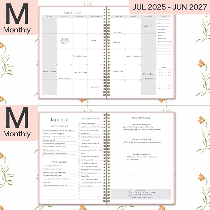 2026-2027 Monthly Planner, Jan 2026-June 2027, B5 (7" x 9"), 2 Year Monthly Planner, 24 month Calendar, Simple Calendar Planner Notebook Soft PVC Cover, Suitable for Schools & Offices, Pink