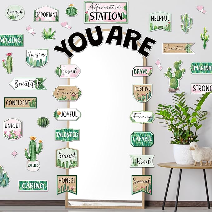 45pcs Cactus Affirmation Station Bulletin Board Set Motivational Posters Classroom Mirror Growth Mindset Decor Positive Affirmations Accents Cutouts for School Office Home Teacher Wall