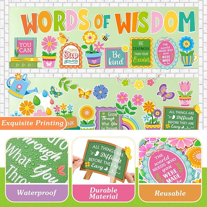 Mooliwe 57 Pcs Spring Floral Bulletin Board Set Inspirational Flower Bulletin Board Decoration Positive Cutout Classroom Decoration for School Office Home Teacher Classroom Wall Supplies