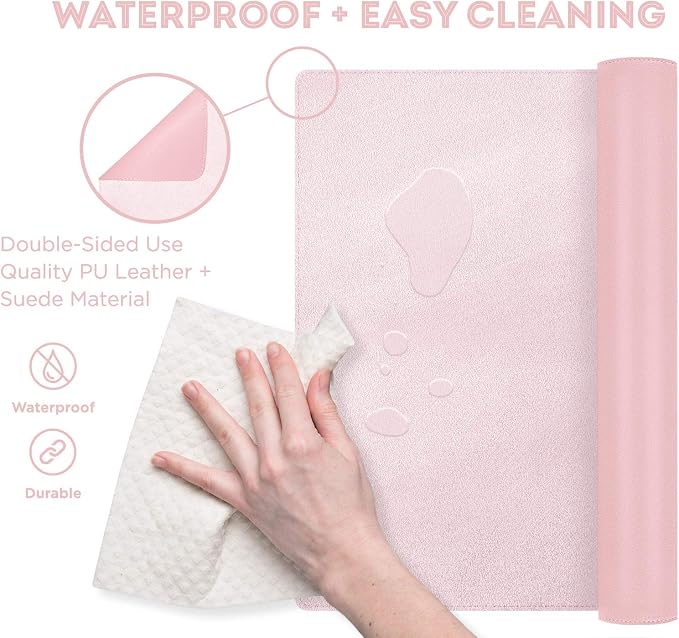 FTC PU Leather Desk Pad & Desk Blotter, Non-Slip Flannelette Base, Stitched Desk Mat for Keyboard, Mouse & Writing, Home or Office (Pink, 31.5” x 15.75”)