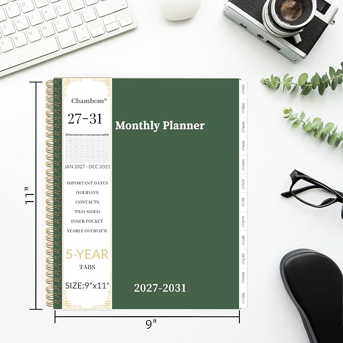 2027-2031 Monthly Planner 5 Year Monthly Planner/Calendar 2027-2031, Jan 2027 – Dec 2031, 9" x 11", Tabs, Double-Side Pocket, Holidays, Thick Paper - Dark Green