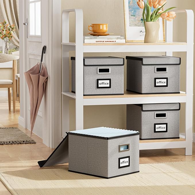 Portable File Organizer Boxes Set of 4, Large Linen Hanging Office Document Storage Boxes with Lids, Collapsible Filing & Storage Boxes for Office/Decor/Home - 14.9 x 12.7 x 10.8 inch