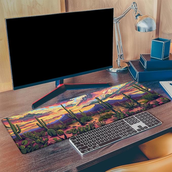 Cactus Pattern Gaming Mouse Pad, Extended Desert Sunset Colorful Sky Desk Mat Computer Laptop Mousepad, Robust Stitched Edges, 31.5"×11.8" Large Office Keyboard Mouse Pads for Desktop Decor