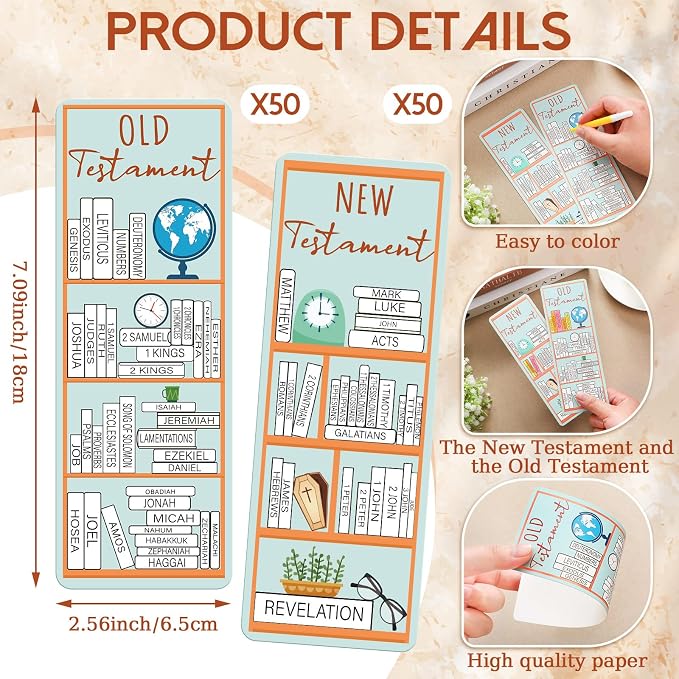 100 Pcs Books of the Bible Bookmarks Bible Book Tracker Old and New Testament Reading Page Markers Christian Scripture Study Supplies for Women Men