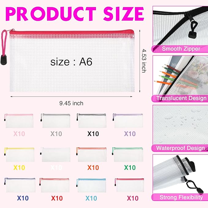 Sherr 120 Pcs Mesh Zipper Pouch A6 Pencil Pouches Bulk Small Clear Mesh Bags with Zipper 9.45'' x 4.53'' Waterproof File Bag Pencil Case for School Office Travel Organization(White)