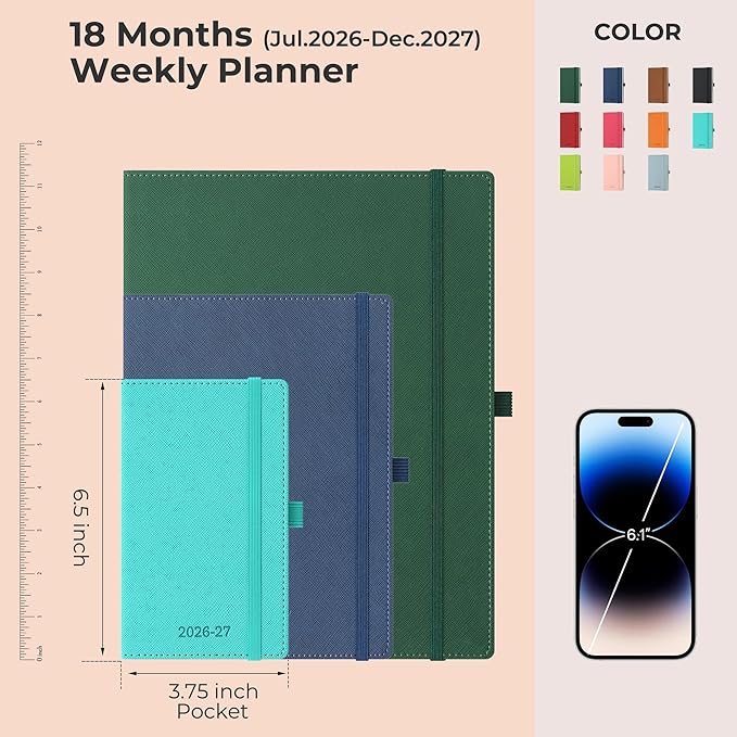 Weekly Monthly 2026-2027 Planner (July 26-Dec 27),6.5"x3.75",18 Months Agenda Plan with Month Tabs & Pocket,Expenses/Note Pages, Academic Calendar with Vegan Leather Cover,Light Blue