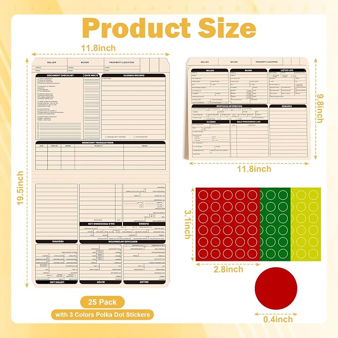 25 Pcs Real Estate Listing Folder Pre-Printed List for Real Estate Agent Supplies Durable Letter Size 210 GSM Manila Card Stock with Closing Checklist Color-Coded Dots for Documents Organizing