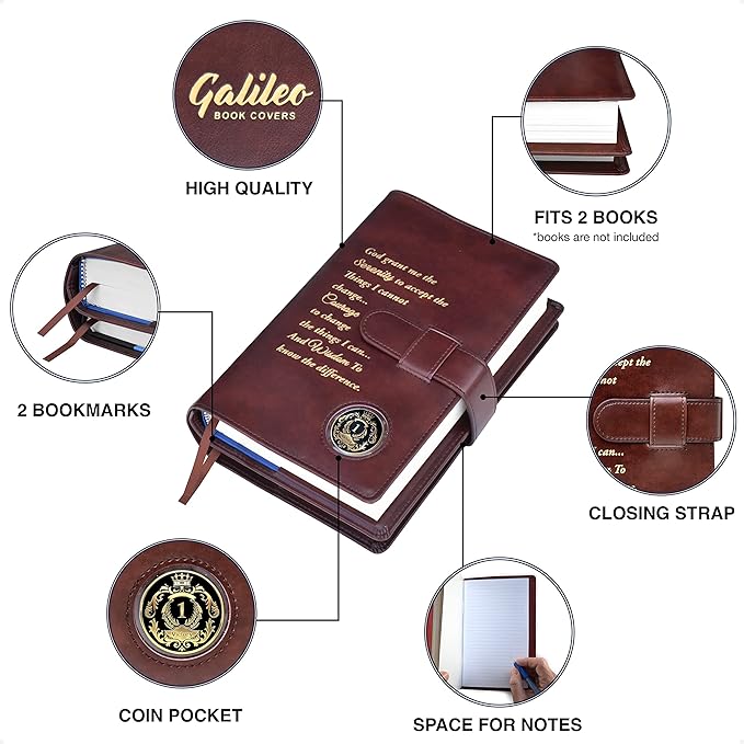 GALILEO® Double AA Big Book Cover & 12 Steps & 12 Traditions | AA Gift | Alcoholics Anonymous | PU Leather | Coin Holder | AA Book Covers for Hardcover (Serenity Prayer/Coin Pocket/Brown)