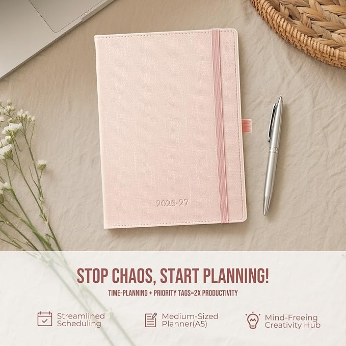 Planner 2026-2027 Weekly & Monthly Planner, 18 Month Academic Calendar July 2026 – Dec 2027, Horizontal Layout with Monthly Tabs, Textured Fabric Hardcover, Pink