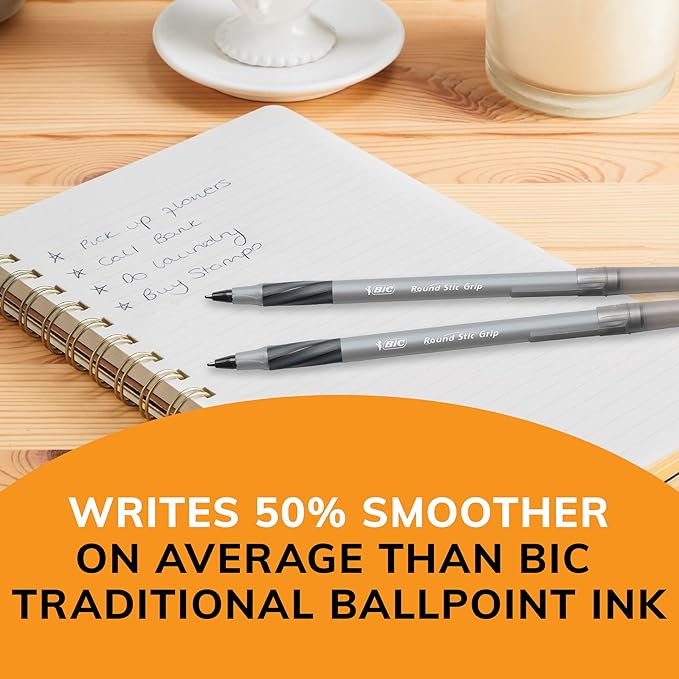 BIC Round Stic Grip Xtra Comfort Black Ballpoint Pens, Medium Point (1.2mm), Perfect Writing Pens With Soft Grip for Superb Comfort and Control, 12 Count (Pack of 2)