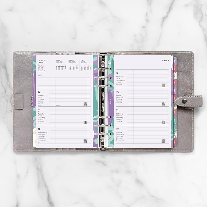 Filofax Calendar Diary Refill, A5 Size, Week-to-View, Illustrated Floral Diary Pack with Four-Color Print Design, Multilingual: Five Languages, 2025 (C6351-25)