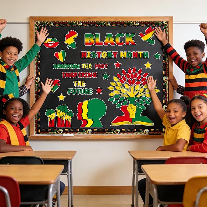 133PCS Black History Month Tree Bulletin Board Set Decorations African American Cutouts Borders with Glue Points for Wall Door Chalkboard Craft School Home Supplies