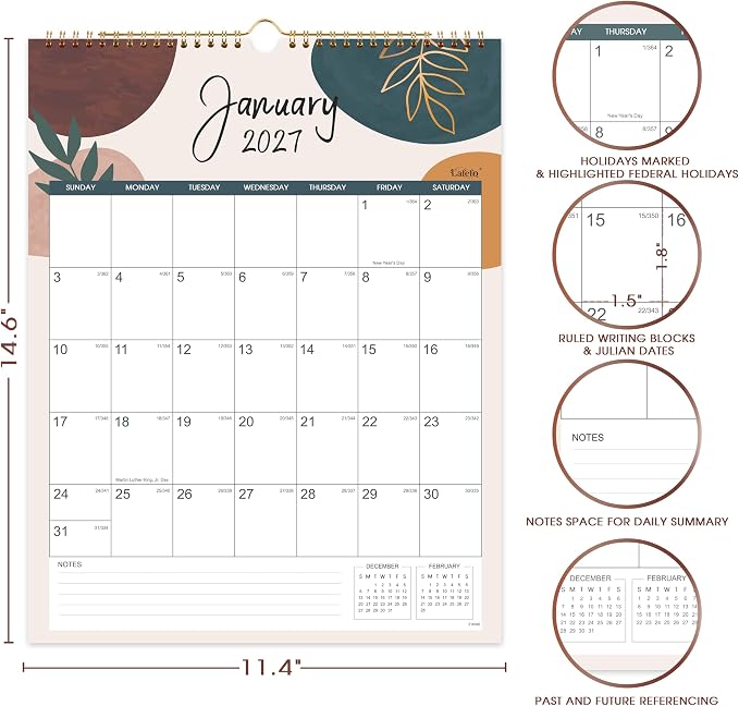 2027 Calendar - 2027 Wall Calendar, JAN 2027 - DEC 2027, 12 Monthly Calendar, 14.6'' x 11.4'', Wall calendar 2027 with Twin-Wire Binding + Hanging Hook + Julian Dates, Calendar for Organizing