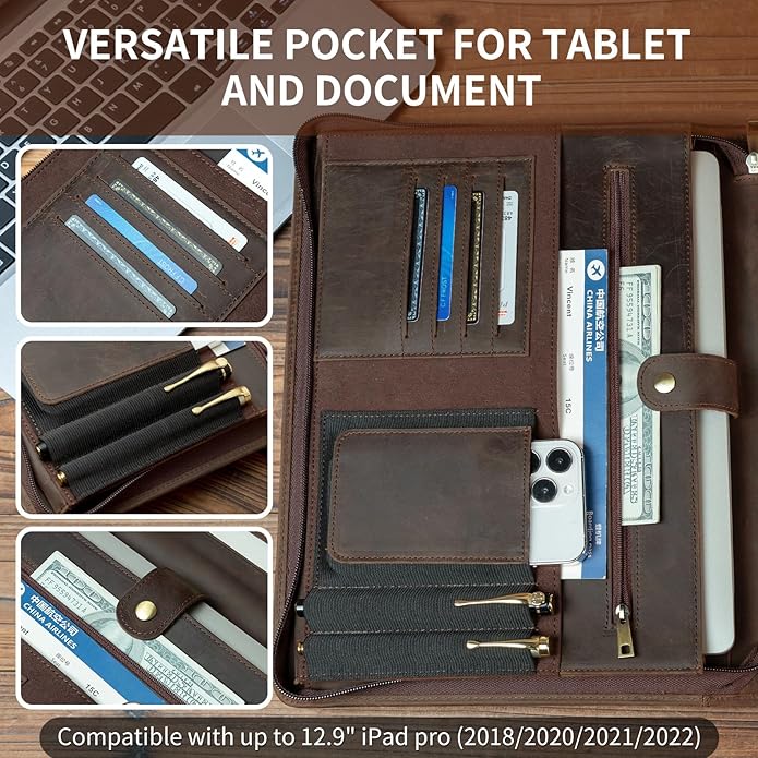 YIWEN Handmade Leather Portfolio with Handle – Zippered Front Pocket, Clip for Letter Size Notepad, Business Travel Padfolio