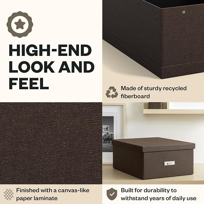 Bigso Katrin Collapsible Storage Box with Lid - Decorative Photo Storage Box with Label Holder for Easy Identification - Simple Assembly without Tools - W13.5 x D17.6 x H7.2 (inches) - Dark Brown